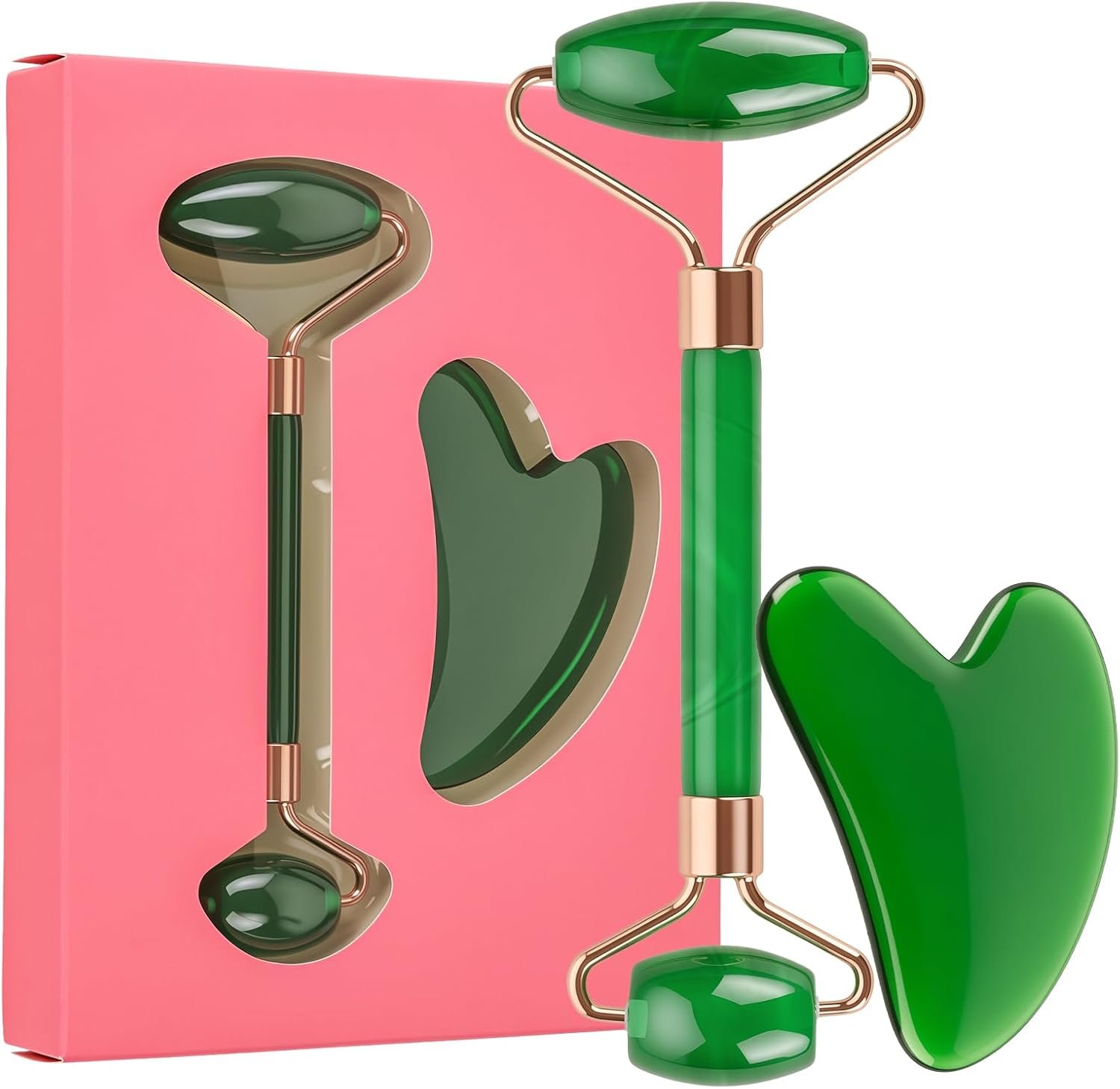 Dark-Green Resin Facial Roller & Gua Sha Set – 2-in-1 Beauty Tool