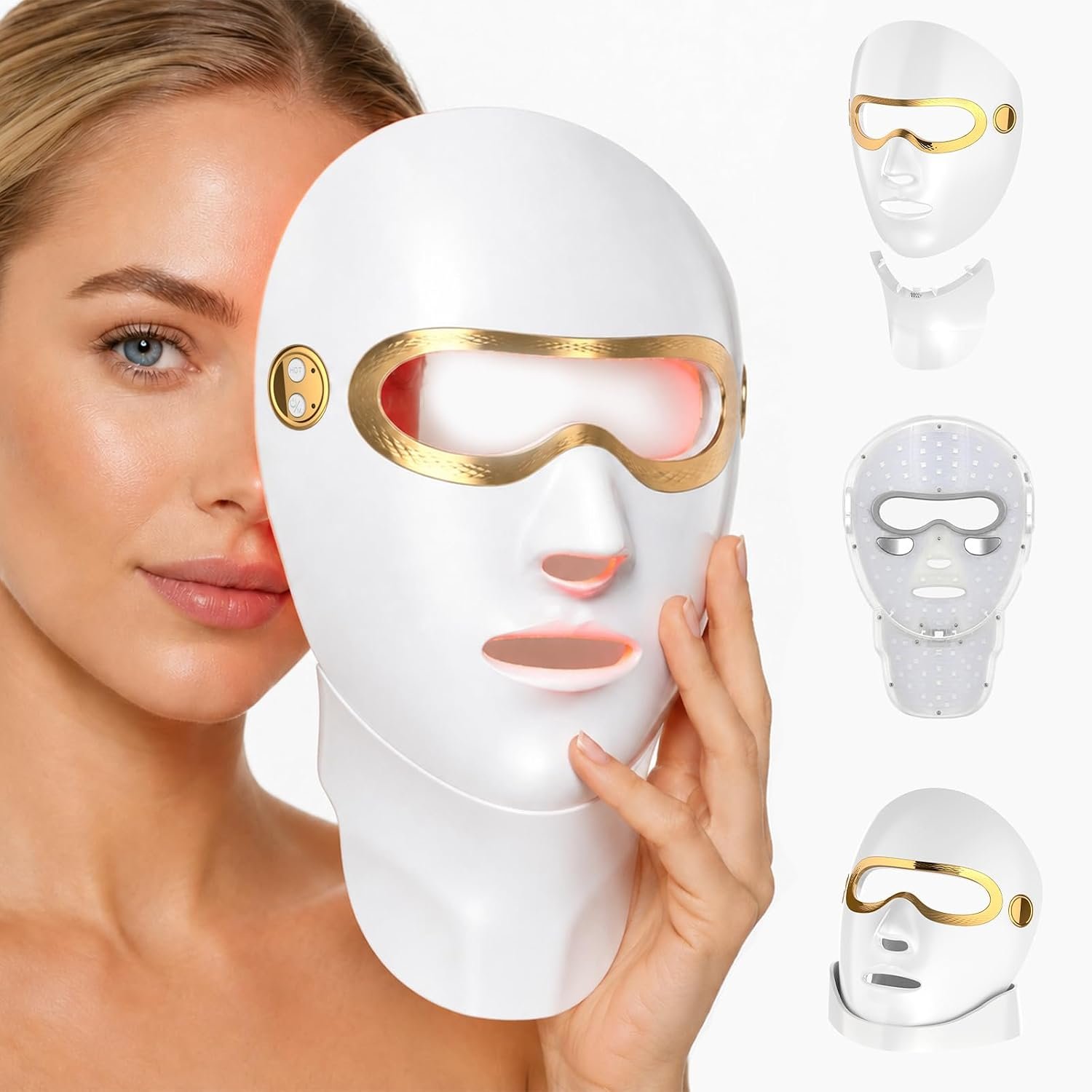 3D Red Light Therapy Mask for Face and Neck, Cordless LED Facial Mask Under-Eye Heating, 8 Modes, infrared light Therapy Face mask with Holding Stand for Home Skincare Glow Gifts for Women Mom Wife