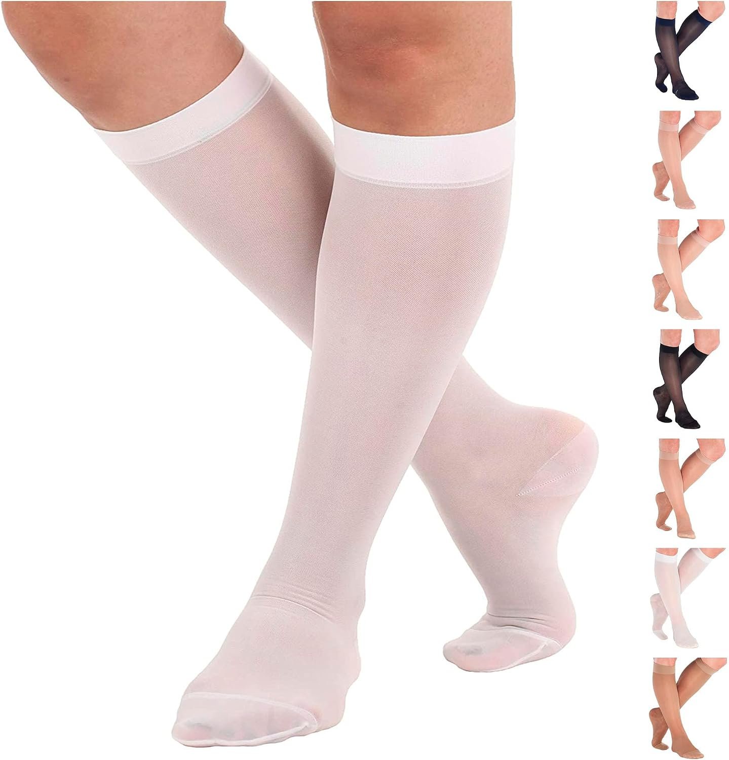 ABSOLUTE SUPPORT Sheer Travel Compression Socks 15-20mmHg, White, Large