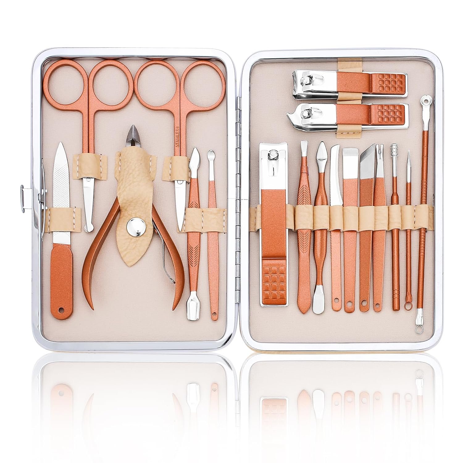Professional Nail Care Kit – 18-Piece Manicure Set with Stainless Steel Ingrown Nail Toenail Cuticle Cutter Clipper Pedicure Kit,Grooming Kits with Portable Travel Case.(Rose Gold)