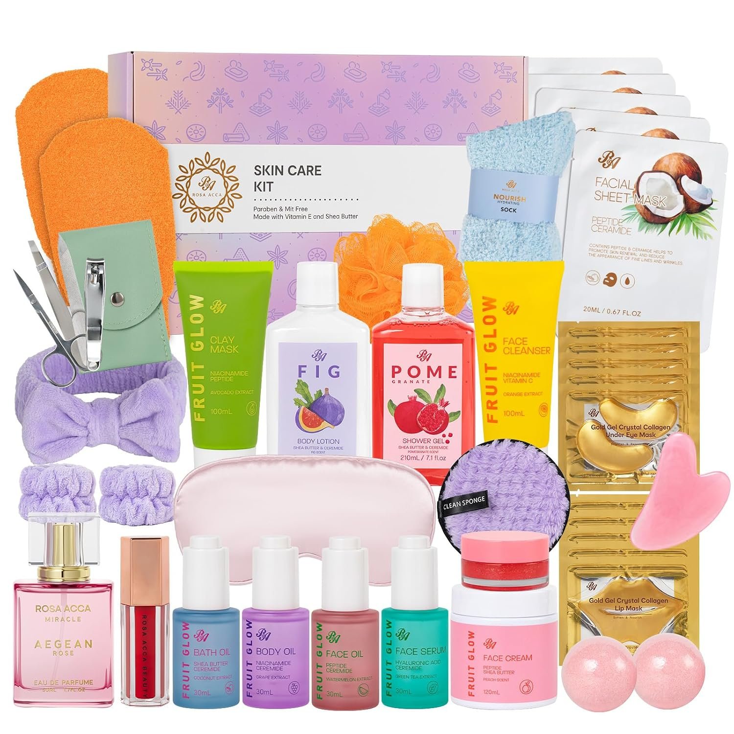 42 Pcs Mother’s Day Gifts, Super Fruit Bath and Body Spa Gift Basket Set for Women, Facial Skin Care Kit, Self-Care Gifts Basket Set, Lip Gloss, Face Sheet Mask, Birthday, Christmas, Anniversary, Mom